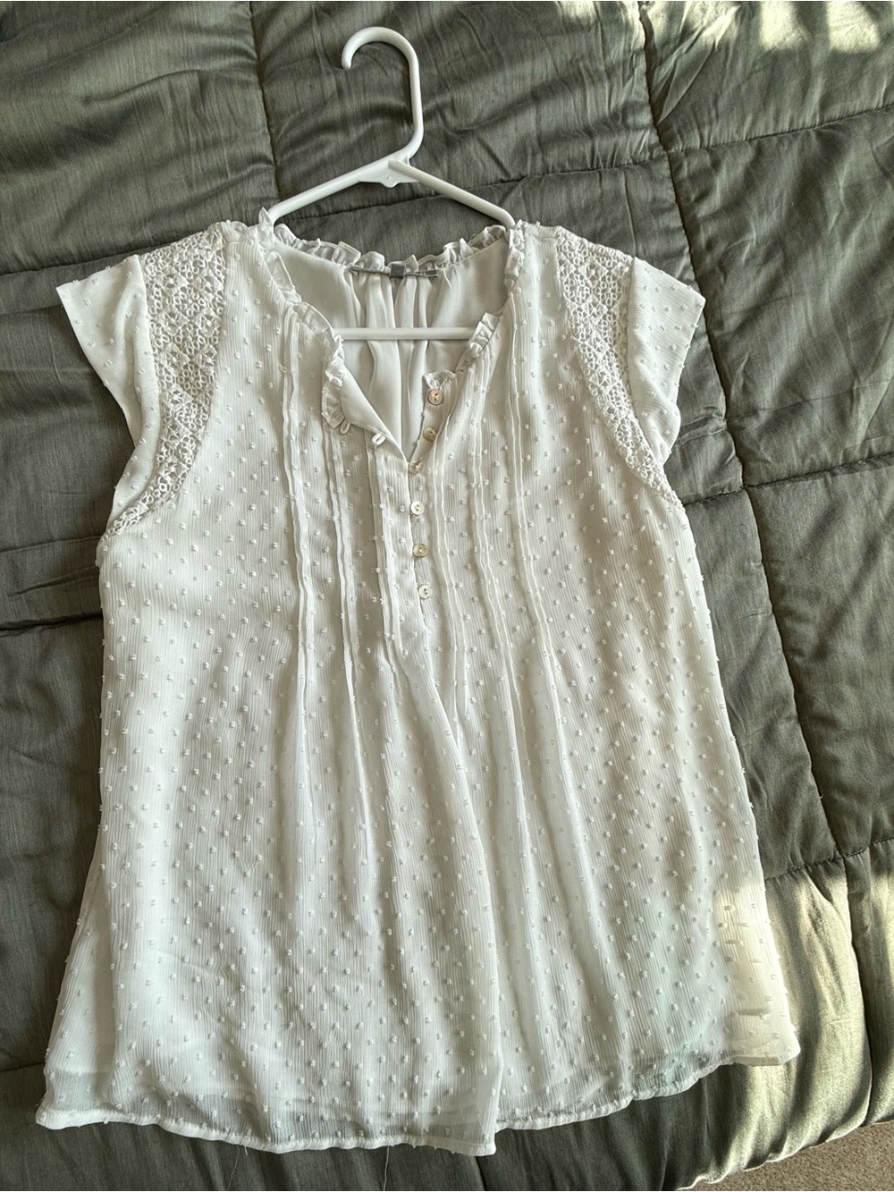 Daniel Rainn White Swiss Dot Lace-Trim Blouse